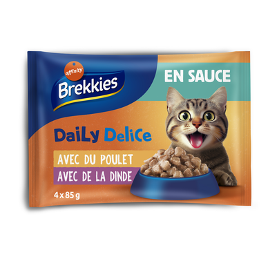 Repas pour chat au poulet et à la dinde en sauce BREKKIES sachets 4x85g
