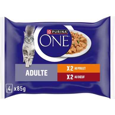 Sachets fraîcheur pour chat adulte émincés de poulet et de boeuf PURINA ONE, 4x85g