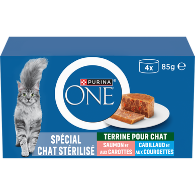 Terrine au saumon et aux carottes et au cabillaud et aux courgettes chat stérilisé Purina ONE x4 85g