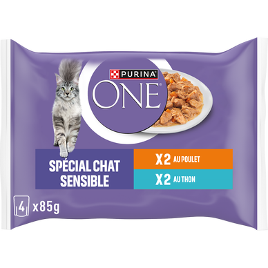 Sachets fraîcheur pour chat sensible adulte au poulet et thon PURINA ONE, 4x85g