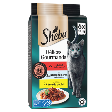 Sachets fraîcheur chat Délices Gourmands boeuf poisson en sauce SHEBA- 6x50g