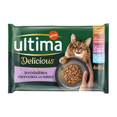 Sachets fraîcheur pour chats stérilisés Bouchées poulet/dinde/saumon&truite ULTIMA - 4x85g
