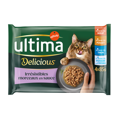 Sachets fraîcheur pour chats stérilisés poulet/boeuf/thon&poissons del'océan ULTIMA - 4x85g