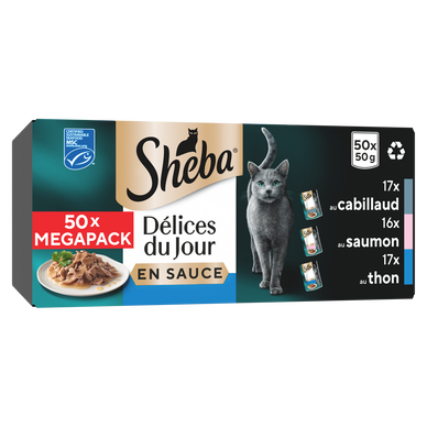 MégaPack Sachet fraîcheur chat Délice du Jour poissons en sauce SHEBA- 50x50g - 2,500kg