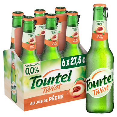 Bière aromatisée pêche sans alcool TOURTEL TWIST, 0,0° - Bouteilles 6x27,5cl