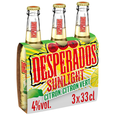 Bière aromatisée au citron, citron vert DESPERADOS SUNLIGHT 4° - Bouteilles 3x33cl