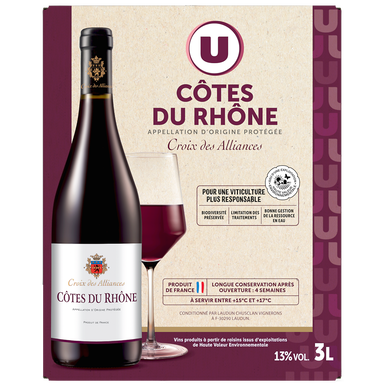 Vin rouge Côtes du Rhône AOP rouge Croix des Alliances U bib 3 litres