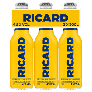 Boisson alcoolisée aromatisée à l'anis RICARD 4.5° - Pack 3x20cl