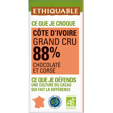 ETHIQUABLE - Chocolat noir 88% Côte d'Ivoire BIO - la tablette de 100g