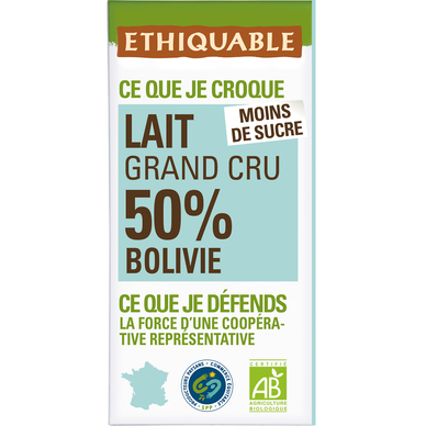 ETHIQUABLE - Chocolat au lait 50% Bolivie BIO - la tablette de 100g