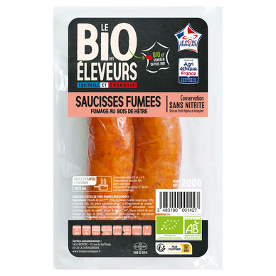 Saucisses fumées bio Viande de Porc Français BONJOUR CAMPAGNE, x2, soit 200g