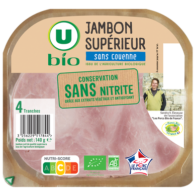 Jambon Supérieur sans couenne Conservation Sans Nitrite - x4 tranches,140g