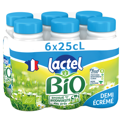 Lait Bio demi-écrémé UHT LACTEL - Bouteille 6x25cl