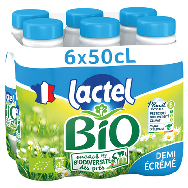 Lait Bio demi écrémé UHT - LACTEL - Bouteille 6x50cl