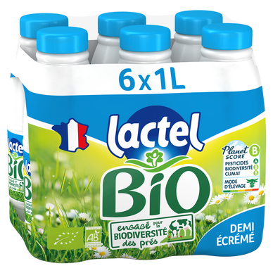 Lait Bio demi-écrémé UHT LACTEL - Bouteille 6x1L