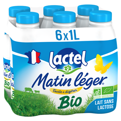 Lait Bio sans lactose MATIN LEGER LACTEL - Bouteille 6x1L
