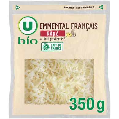 Emmental français rapé bio pasteur.31%mg, sachet zip 350g