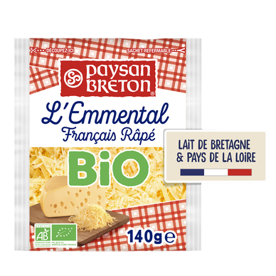 Emmental bio rapé au lait pasteurisé, PAYSAN BRETON, 29%MG, 140g