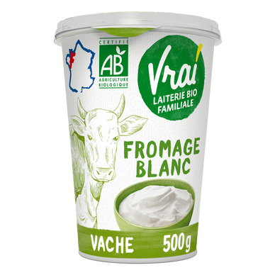 Fromage blanc nature au lait pasteurisé BIO VRAI, 3,6 % de matière grasse, pot de 500g