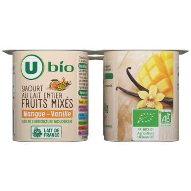 Yaourt lait entier aux fruits mixés mangue vanille 4x125g