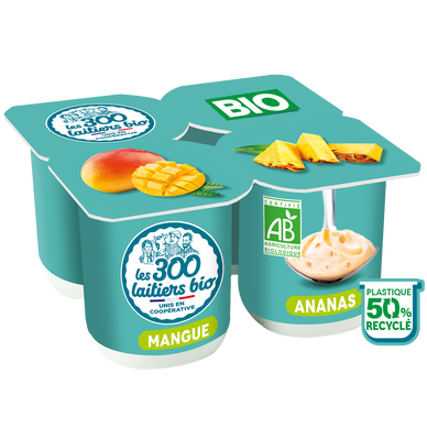 Yaourt brassé au lait entier sucré 2 mangues 2 ananas LES 300 LAITIERBIO 4 pots x125g soit 500g