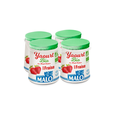 Yaourt au lait entier arômatisé fraise bio MALO, 4x125g 500g