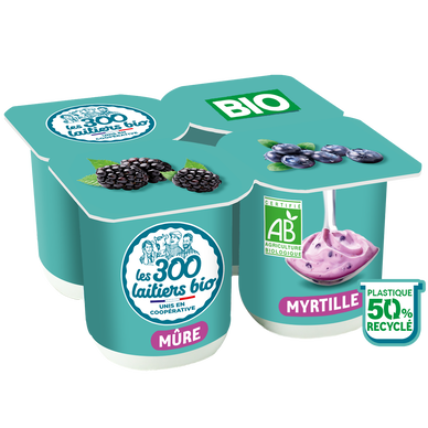 Yaourts brassés bio Pack panaché mûre, myrtille LES 300 LAITIERS BIO -4 pots de 125g