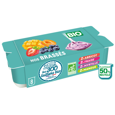 Yaourts bio Pack panaché fraise, myrtille,abricot,mangue LES 300 LAITIERS BIO  - 8 pots de 125g