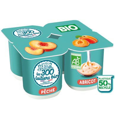 Yaourt brassé au lait entier sucré 2 abricots 2 pêches 300 & BIO, 4x125g