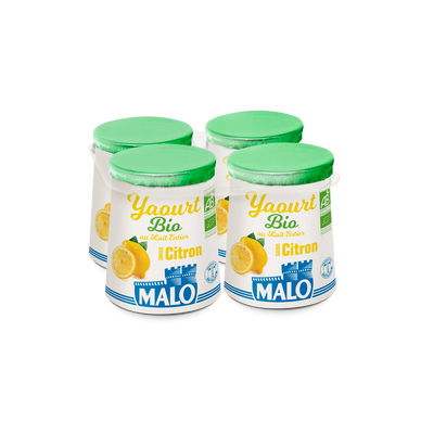 Yaourt au lait entier arômatisé citron bio MALO, pot carton 4x125g