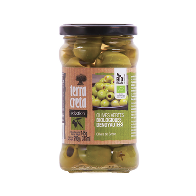 Olives vertes bio dénoyautées Sélection TERRA CRETA, pot en verre de 145g