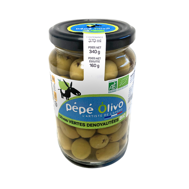 Olives vertes dénoyautées bio,PEPE OLIVO bocal 160g