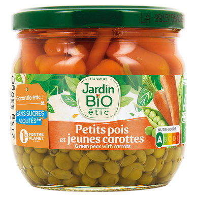 Petits pois très fins et carottes bio JARDIN BIO - Bocal 215g