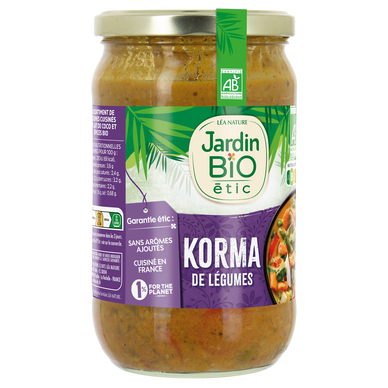 Korma de légumes bio JARDIN BIO, bocal verre 650g
