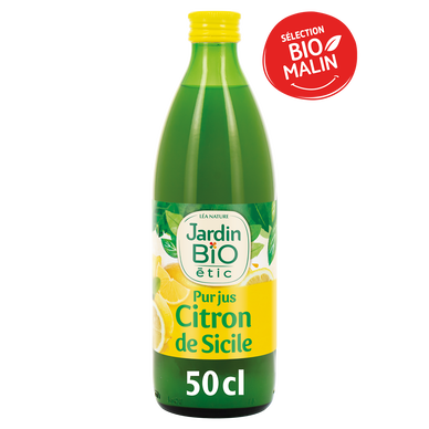 Pur jus de citron Bio origine Sicile JARDIN BIO, bouteille de 50cl