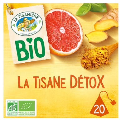 Plantes à infusion curcuma basilic gingembre saveur pamplemousse détoxbio LA TISANIERE, 20 sachets de 30g