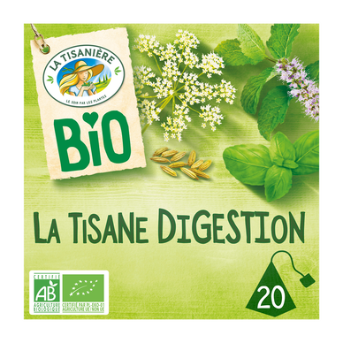 Infusion bio à l'arôme naturel (menthe douce/graines d'anis/basilic) la tisane digestion LA TISANIERE, 20 sachets de 30g
