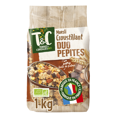 Muesli croustillant duo pépites chocolat au lait et noir bio, TERRES&CEREALES, sachet 1kg