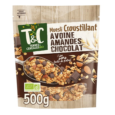 Muesli croustillant avoine amande chocolat bio TERRES ET CEREALES, 500g