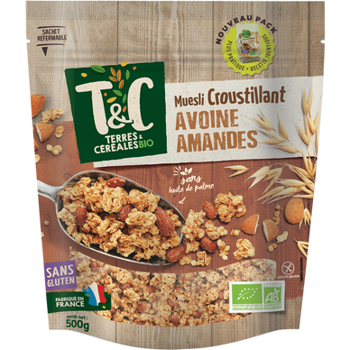 Muesli bio croustillant avoine amandes sans gluten, TERRES ET CEREALES, 500g