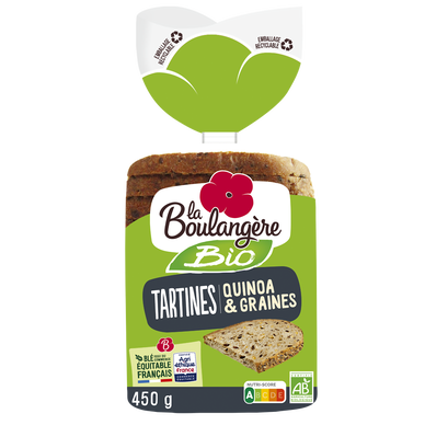 Pain Tartines quinoa et céréales bio LA BOULANGERE - 12 tranches - 450g
