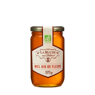 Miel de fleurs liquide biologique LA RUCHE AUX DELICES, pot en verre de 375g