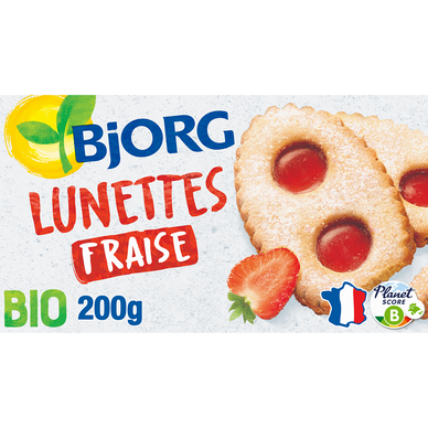 Biscuits bio lunettes à la fraise BJORG, paquet de 200g