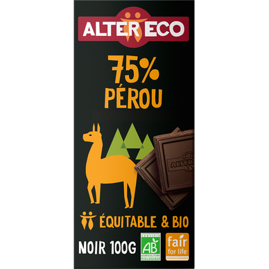 Chocolat noir bio 75% Pérou ALTER ECO - Tablette 100g