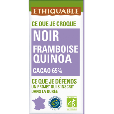 Chocolat noir 65% cacao framboise quinoa bio ETHIQUABLE, 100g