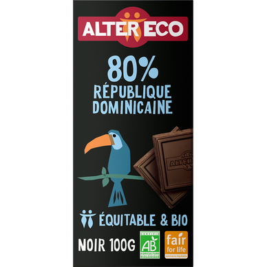 Chocolat noir République Dominicaine 80% Bio ALTER ECO, tablette de 100g