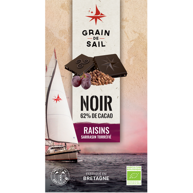 Chocolat noir raisins sarrasin torrefié BIO GRAIN DE SAIL, tablette de100g