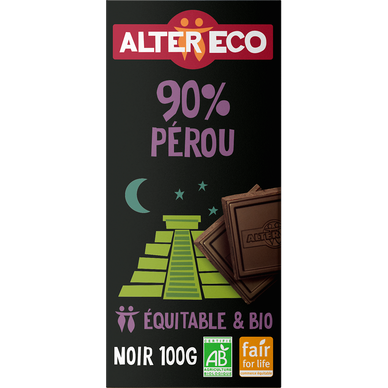 Chocolat noir bio 90% Pérou ALTER ECO - Tablette 100g