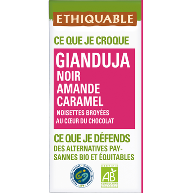 Chocolat noir gianduja amande caramel noisettes bio ETHIQUABLE,  tablette 100G