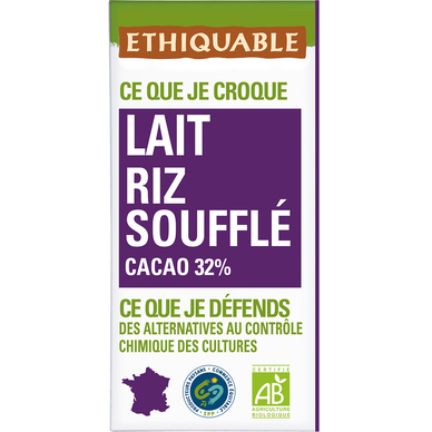 ETHIQUABLE - Chocolat lait riz soufflé BIO - la tablette de 100g